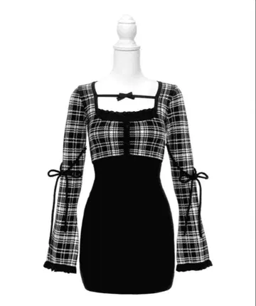 honeymew 체크 리본 도킹 원피스 블랙