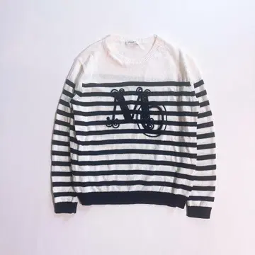 새상품급 MORABITO 보더 크루넥 스웨터 로고 자수 화이트 x 네이비