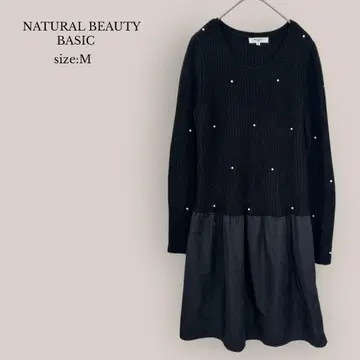 NATURAL BEAUTY BASIC 절개 니트 원피스 플레어 무릎 기장