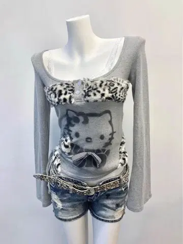 헤이세이 갸루 Y2K 히메 스타일 헬로키티 긴팔 상의 그레이 그런지