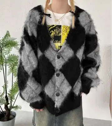 [새상품급] Sedacle 아가일 니트 루즈 가디건 블랙