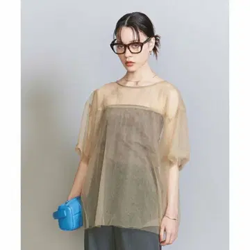 나일론 튤 레이어드 숏 슬리브 풀오버 베이지