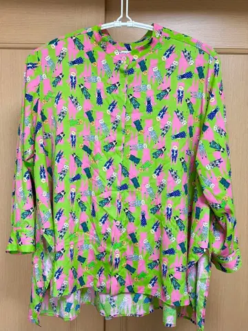 mannine 긴팔 셔츠 그린 핑크 고양이 패턴 빅 사이즈 플러스 사이즈