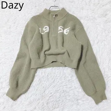 데이지 니트 스웨터 하프 지퍼 크롭 볼륨 소매 카키 XL