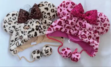 디즈니 레오파드 무늬 미니 팬 캡 핑크 베이지 2개 세트