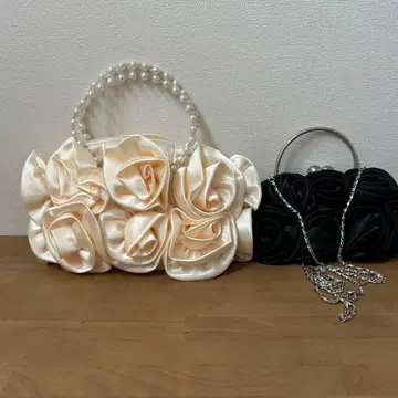 크림색, 블랙, 새틴 장미 모티브 파티 백 2way 2세트