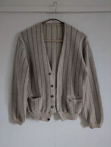 빈티지 레트로 스트라이프 베이지 가디건 긴팔 핸드메이드