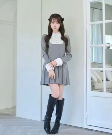 로제뮤즈 Knit sew pleated op gray