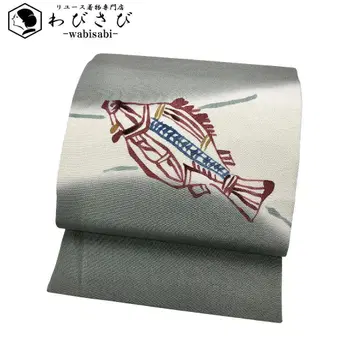 나고야 오비 히라메 패턴 넙치 생선 쥐색 크레이프 원단 O-5643