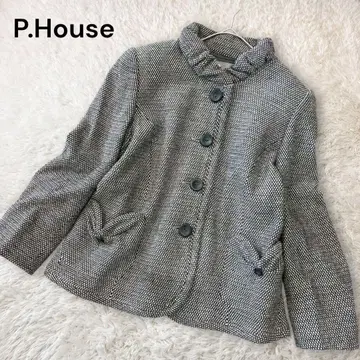 피하우스 트위드 자켓 스탠드 카라 숏코트 울 블랙 화이트