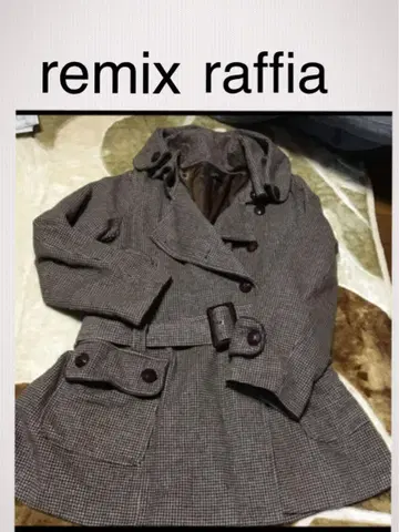remix raffia 체크 무늬 후드 부착 코트