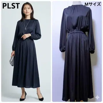 새상품급 PLST 새틴 개더 원피스 롱 기장 네이비 M 졸업식 입학식