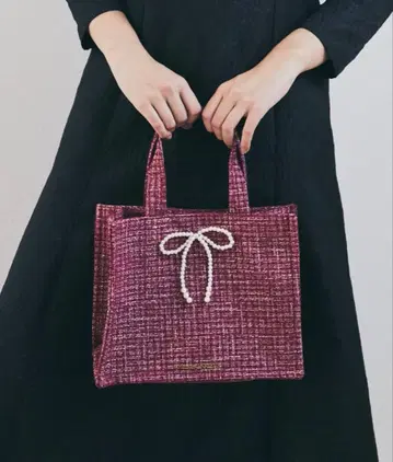 메종 드 플뢰르 핑크 트위드 펄 리본 스퀘어 토트백 빨간색 핸드백