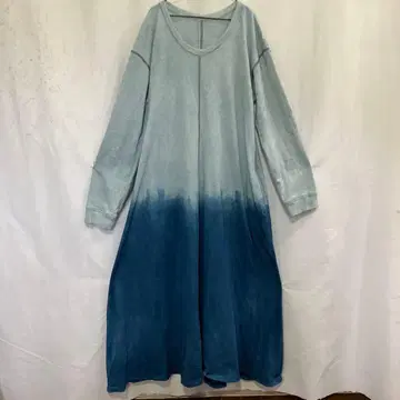 면 컷 소재 네이비 나염 그라데이션 롱 원피스 빅 사이즈 체형 커버