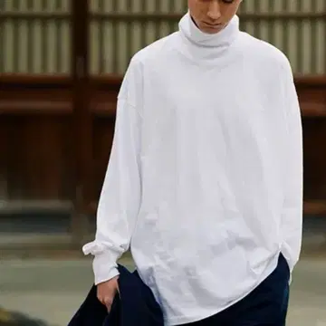 KUME.JP 쿠메 섬유 제작 터틀넥 빅 T셔츠 화이트 코튼