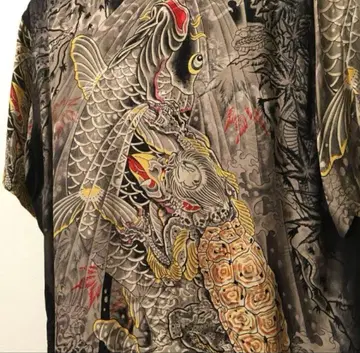 일본풍 잉어와 거북 디자인 오픈 카라 셔츠 M 사이즈