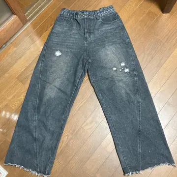 데미지 가공 다크 그레이 와이드 레그 데님 지하인online