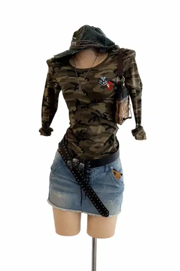 카모플라주 패턴 긴팔 티셔츠 와펜 포함 Y2K 밀리터리 M
