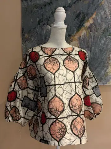 순수 실크 명선 기모노 리메이크 퍼프 슬리브 풀오버 상의 블라우스