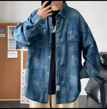 데님 셔츠 체크 무늬 파랑 블랙