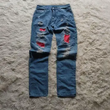 라이트 블루 페이즐리 패치 데미지 데님 팬츠