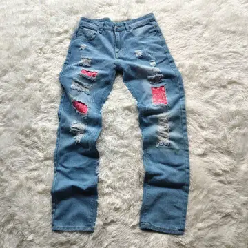 라이트 블루 페이즐리 패치 데미지 데님 팬츠