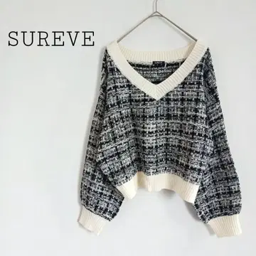 SUREVE V넥 긴팔 트위드 니트 풀오버 숏 기장 화이트 블랙