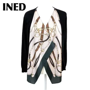 [새상품급] INED 스카프 도킹 긴팔 가디건 9 블랙 벨트 체인 패턴