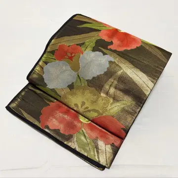 A 꽃 무늬 금실 블랙 베이스 순수 실크 육통 후쿠로 오비 포멀 O13