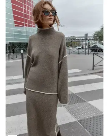 ZARA 대비 파이핑 니트 미디 기장 스커트 세트 S 사이즈