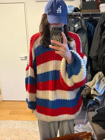 빈티지 핸드메이드 오버 사이즈 니트 스트라이프 빨강 파랑 하양