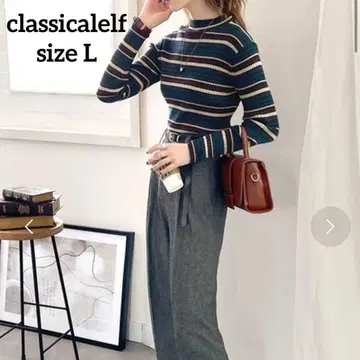 [클래식 엘프] 리브 니트 멀티 보더 하이넥 L 블루 계열 긴팔