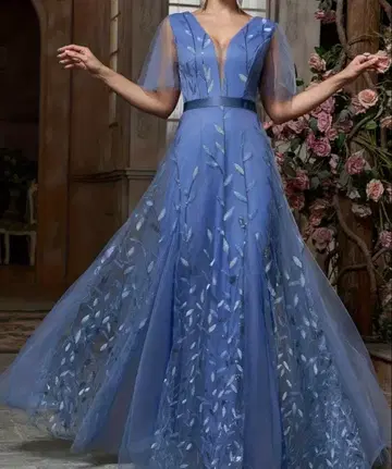 블루 플라워 자수 A라인 드레스 XL 사이즈