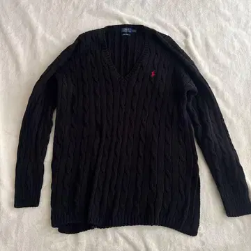 폴로 랄프로렌 블랙 V넥 케이블 니트 코튼