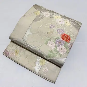 A 작약 꽃 무늬 은사 화이트 순수 실크 육통 후쿠로 오비 포멀 O14