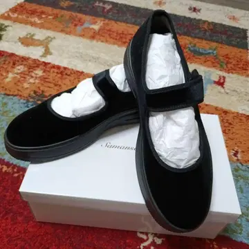 블랙 벨로아 플랫슈즈 벨크로 테이프