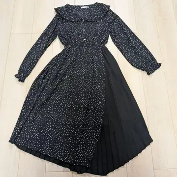 도트 원피스 블랙 긴팔 플리츠 도킹 M 사이즈