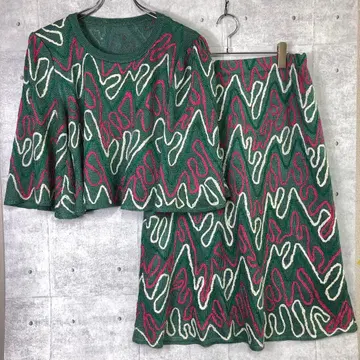 레트로 모던 구제 의류 물결 무늬 자수 와이드 슬리브 니트 셋업