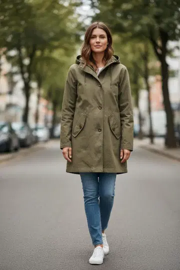올리브색 후드 부착 모즈 코트