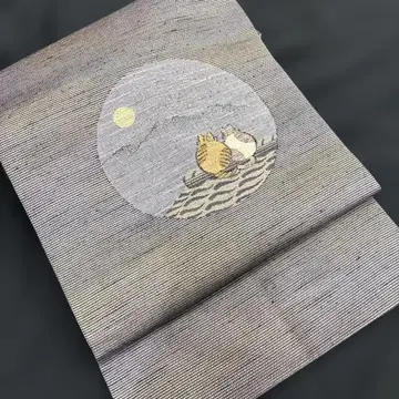 순수 실크 나고야 오비 기와의 달맞이 고양이