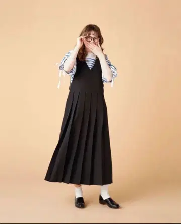 natiam 플리츠 오버롤 스커트 블랙 M 사이즈 여성용