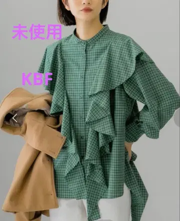 미사용 체크 무늬 프릴 블라우스 그린 계열 긴팔 KBF 어반 리서치