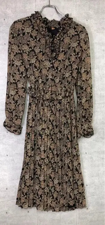 쇼와 레트로 올드 구제 의류 빈티지 플라워 프린트 프릴 긴팔 원피스