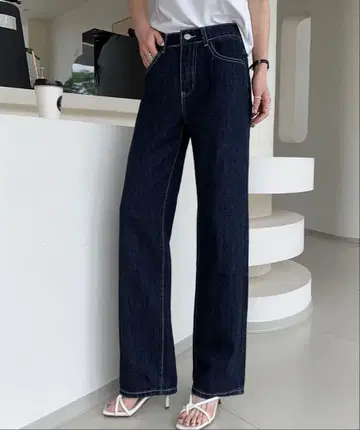 LOWO 세미 하이웨스트 와이드 데님 팬츠