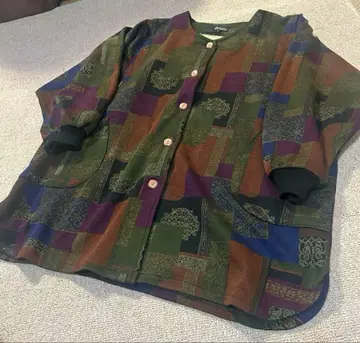 레트로 패치워크 패턴 노카라 셔츠 빈티지풍 오버 사이즈 구제 의류