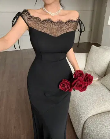 롱 원피스 원피스 드레스 레이스 리본 블랙 블랙 슬리브리스