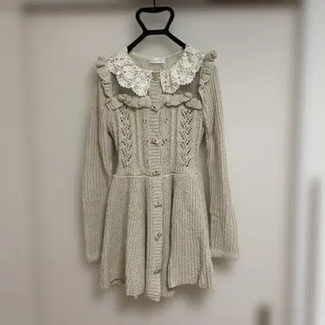 LIZLISA 레이스 프릴 리본 페플럼 롱 니트 가디건