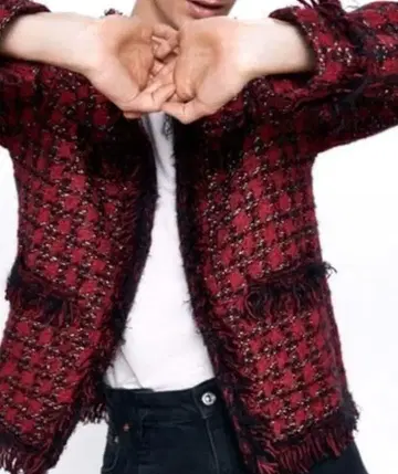 빨간색 체크 무늬 트위드 테일러드 자켓