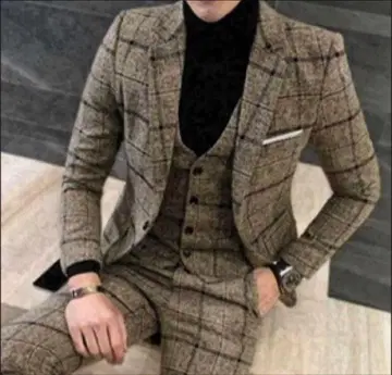 특대형 수트 3종 세트 베스트 팬츠 자켓 체크 셋업