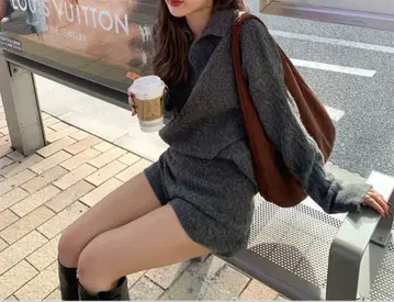 nugu 그레이 니트 셋업 카라 부착